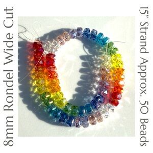 Glass‎ Rainbow Wide Cut Faceted 8mm Rondel Beads Strand - 50+ Beads